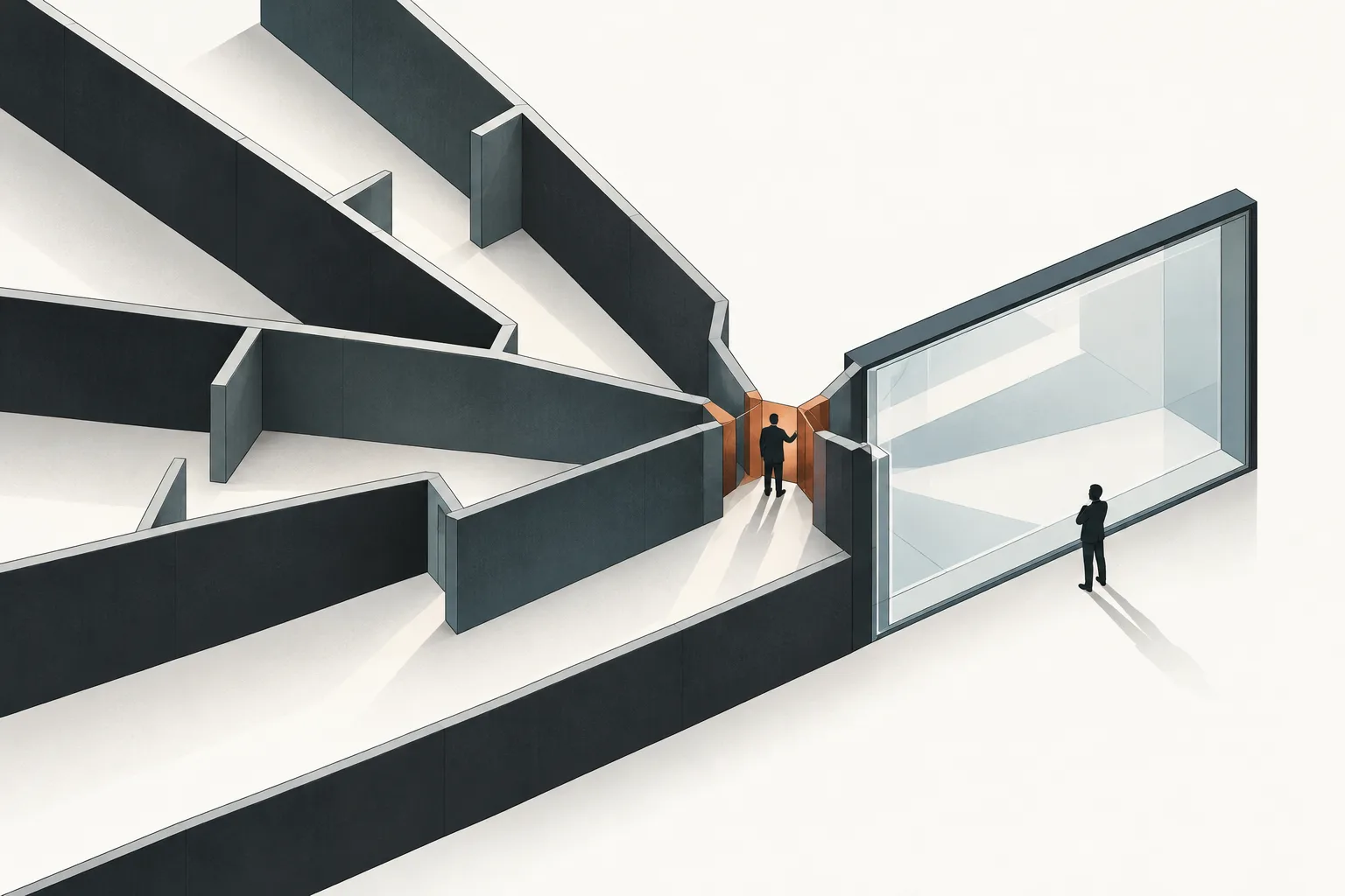 Conceptual illustration of work converging on one decision point